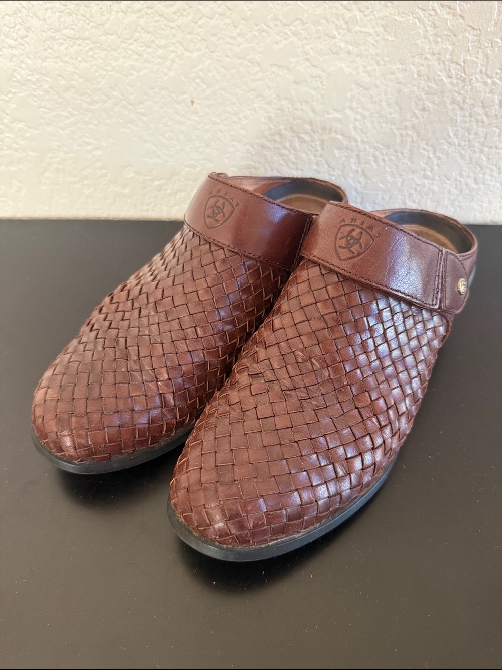 Ariat Basketweave Woven Leather Slip-On Clogs in Chestnut Brown